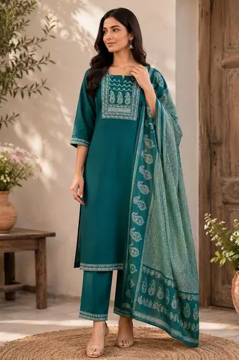 Turquoise blue cotton kurta pant & dupatta set for women