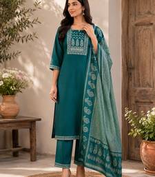 Turquoise blue cotton kurta pant & dupatta set for women