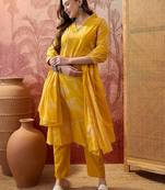 Yellow cotton printed kurta & trousers with dupatta set for women