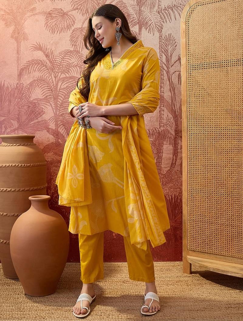 Yellow cotton printed kurta & trousers with dupatta set for women