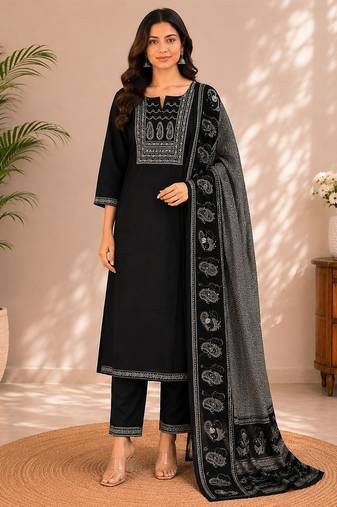 Black cotton kurta pant & dupatta set for women