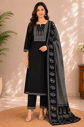 Black cotton kurta pant & dupatta set for women