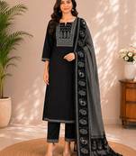 Black cotton kurta pant & dupatta set for women