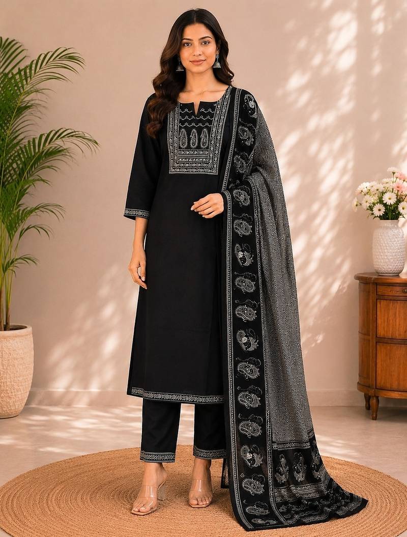 Black cotton kurta pant & dupatta set for women