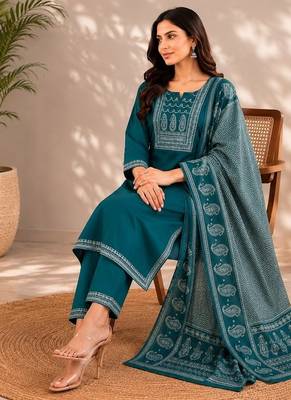 Turquoise blue cotton kurta pant & dupatta set for women 3