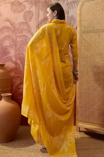 Yellow cotton printed kurta & trousers with dupatta set for women