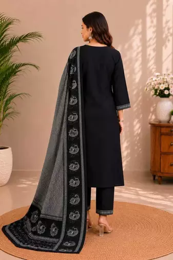 Black cotton kurta pant & dupatta set for women
