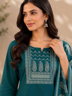 Turquoise blue cotton kurta pant & dupatta set for women 4