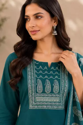 Turquoise blue cotton kurta pant & dupatta set for women