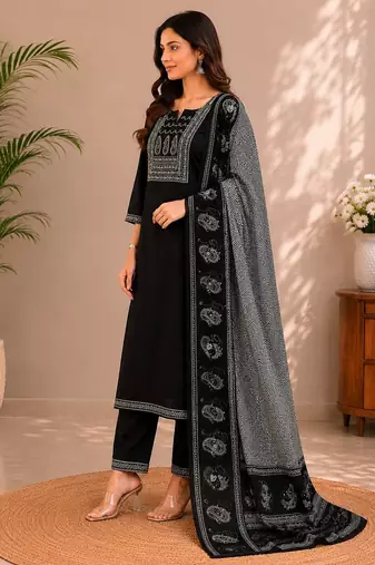 Black cotton kurta pant & dupatta set for women