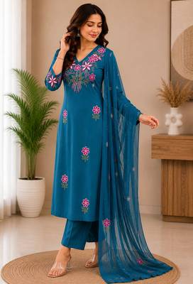 Rama green embroidered cotton kurta with pant & dupatta set for women 1