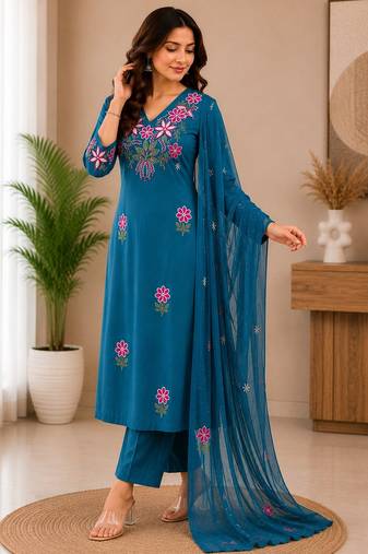 Rama green embroidered cotton kurta with pant & dupatta set for women