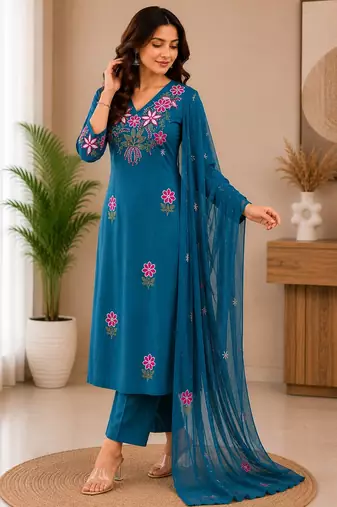 Rama green embroidered cotton kurta with pant & dupatta set for women