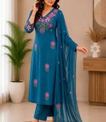Rama green embroidered cotton kurta with pant & dupatta set for women