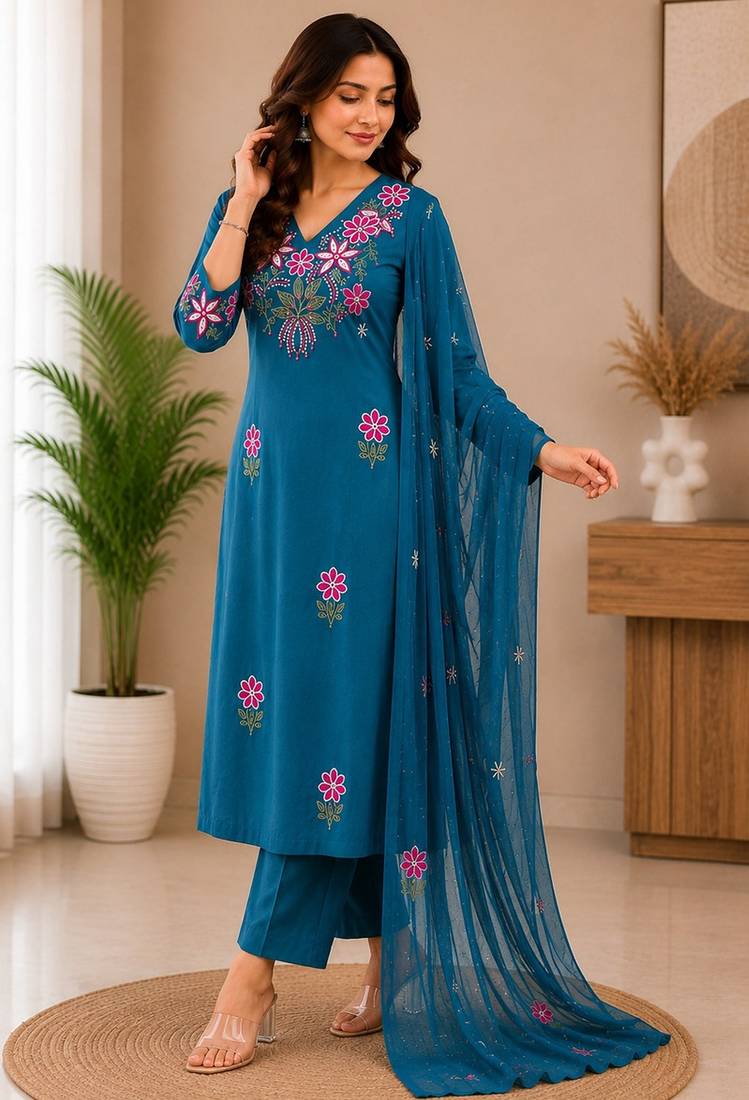 Rama green embroidered cotton kurta with pant & dupatta set for women