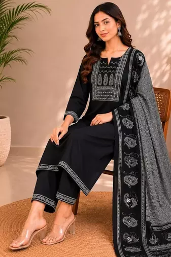 Black cotton kurta pant & dupatta set for women