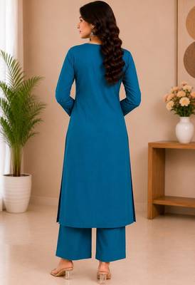 Rama green embroidered cotton kurta with pant & dupatta set for women 2