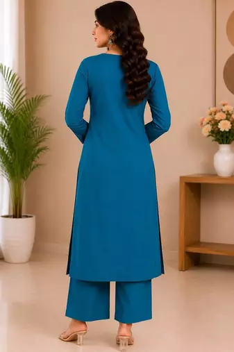Rama green embroidered cotton kurta with pant & dupatta set for women