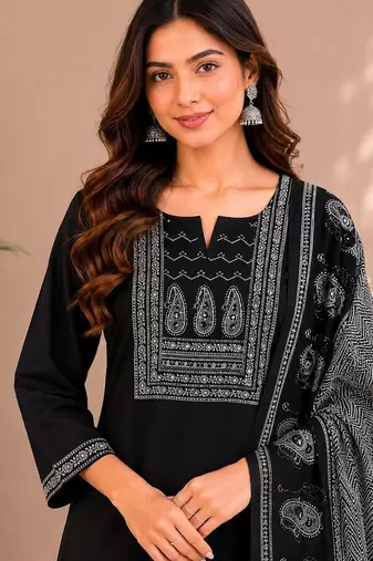Black cotton kurta pant & dupatta set for women