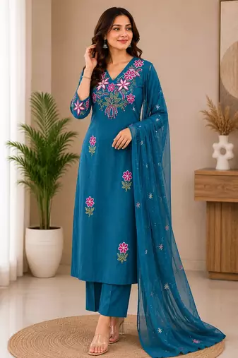 Rama green embroidered cotton kurta with pant & dupatta set for women