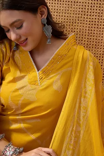 Yellow cotton printed kurta & trousers with dupatta set for women