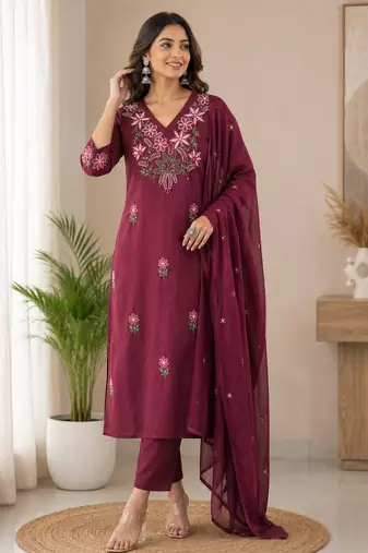 Purple embroidered cotton kurta with pant & dupatta set for women