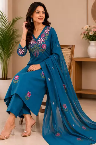 Rama green embroidered cotton kurta with pant & dupatta set for women
