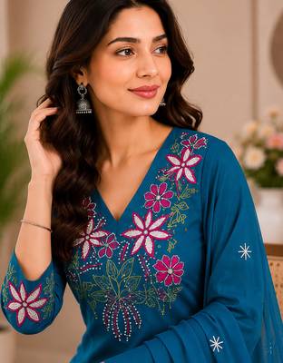 Rama green embroidered cotton kurta with pant & dupatta set for women 5