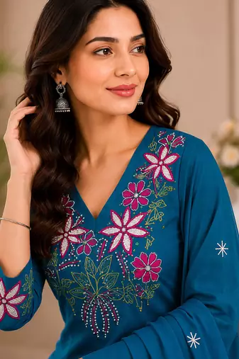 Rama green embroidered cotton kurta with pant & dupatta set for women