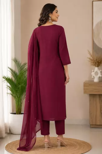 Purple embroidered cotton kurta with pant & dupatta set for women