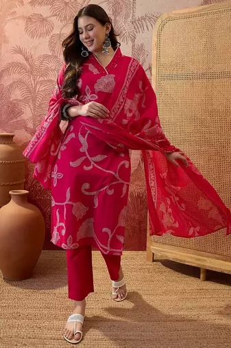 Pink cotton printed kurta & trousers with dupatta set for women