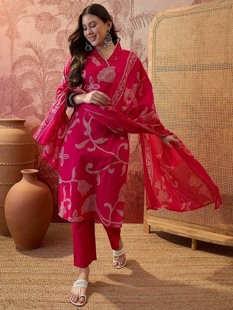 Pink cotton printed kurta & trousers with dupatta set for women