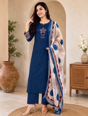 Pure cotton ethnic print blue kurta & pant with dupatta set for women 1