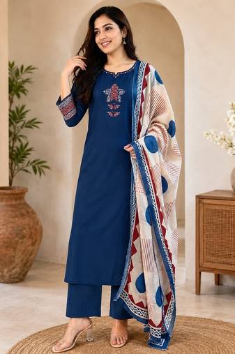 Pure cotton ethnic print blue kurta & pant with dupatta set for women