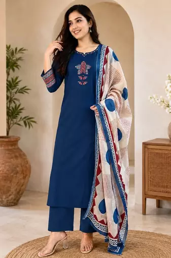 Pure cotton ethnic print blue kurta & pant with dupatta set for women