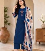 Pure cotton ethnic print blue kurta & pant with dupatta set for women