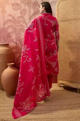 Pink cotton printed kurta & trousers with dupatta set for women