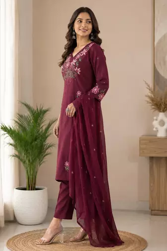Purple embroidered cotton kurta with pant & dupatta set for women