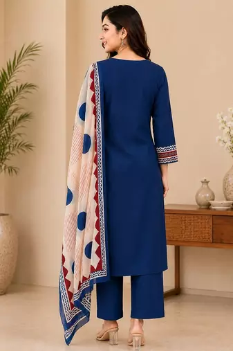 Pure cotton ethnic print blue kurta & pant with dupatta set for women