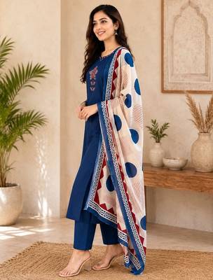 Pure cotton ethnic print blue kurta & pant with dupatta set for women 3