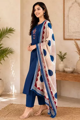Pure cotton ethnic print blue kurta & pant with dupatta set for women