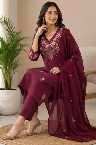 Purple embroidered cotton kurta with pant & dupatta set for women
