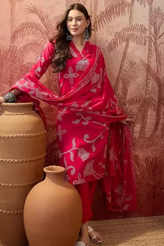 Pink cotton printed kurta & trousers with dupatta set for women