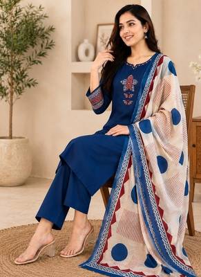 Pure cotton ethnic print blue kurta & pant with dupatta set for women 4