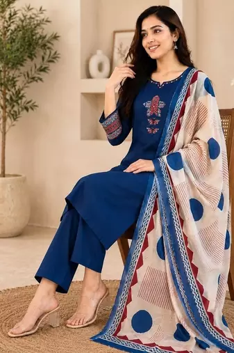 Pure cotton ethnic print blue kurta & pant with dupatta set for women