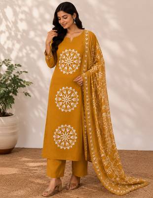 Pure cotton floral print mustard kurta & pant with dupatta set for women 1