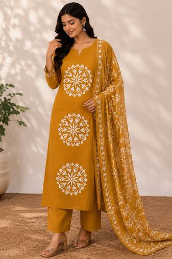 Pure cotton floral print mustard kurta & pant with dupatta set for women