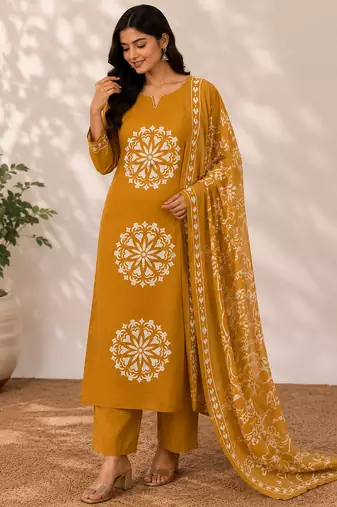 Pure cotton floral print mustard kurta & pant with dupatta set for women