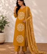 Pure cotton floral print mustard kurta & pant with dupatta set for women