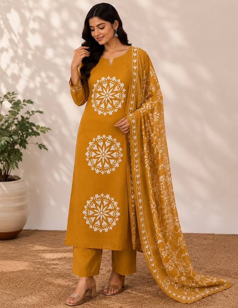 Pure cotton floral print mustard kurta & pant with dupatta set for women